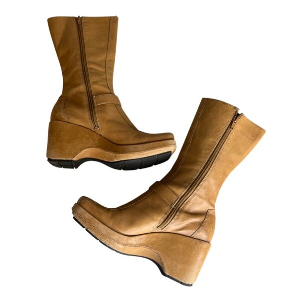 Vintage Y2K Tan Wedge Leather Mid-Calf Boots 6.5Side Zipper & Rubber Sole - Picture 6 of 9